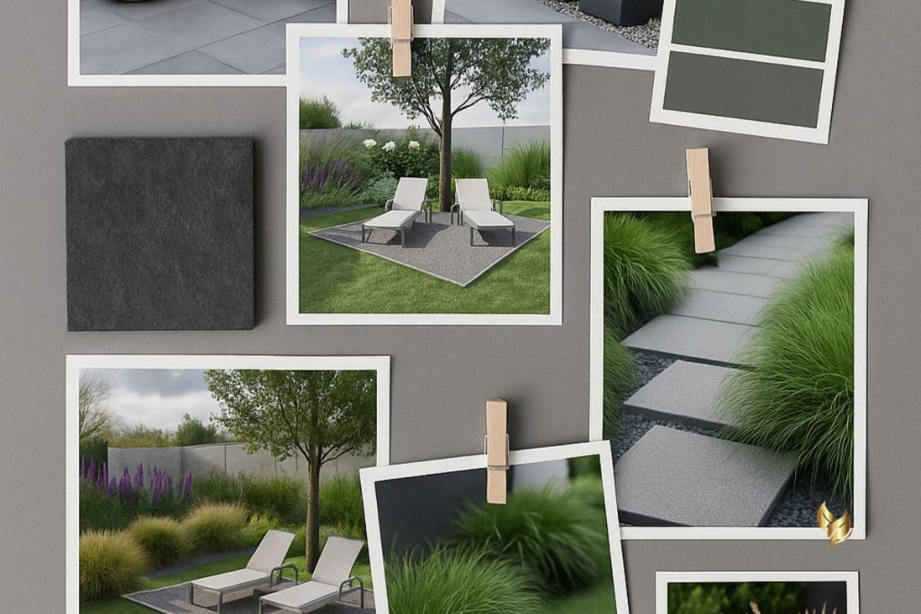Jesienny ogród w planowaniu - Moodboard ogrodu nowoczesnego z paletą kolorów, roślinami, strukturami i minimalistycznymi materiałami.
