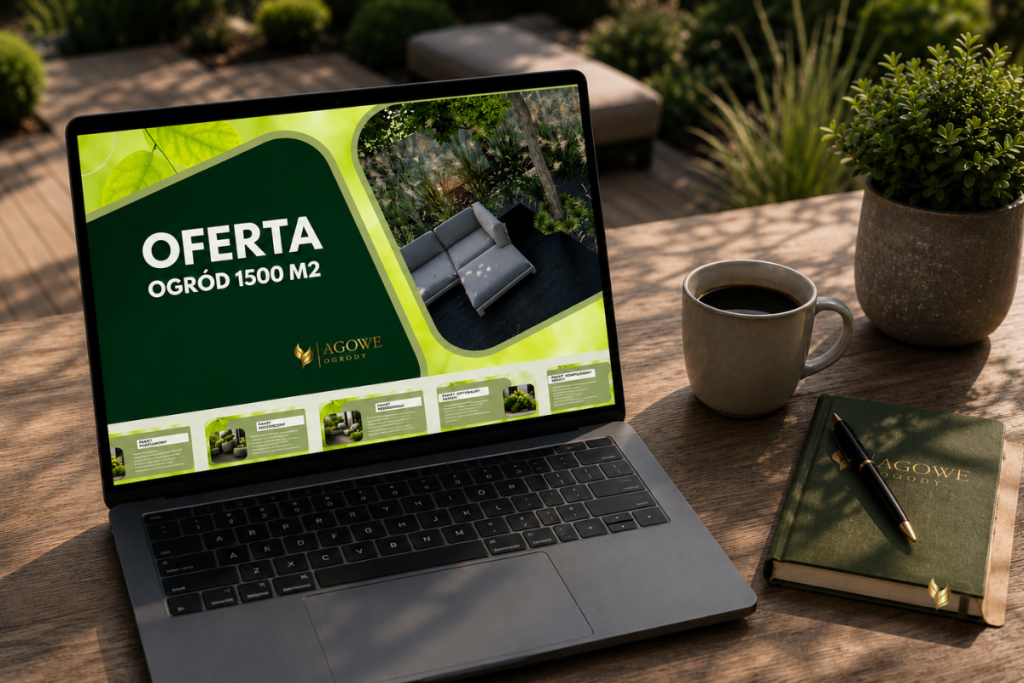 Oferta projektowania nowoczesnego ogrodu prezentowana na laptopie w spokojnej strefie relaksu przy laptopie.
