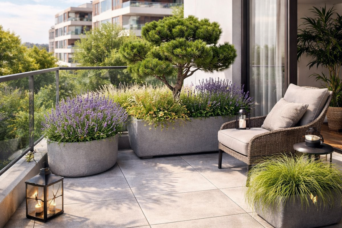 Nowoczesny balkon przy apartamencie z zielenią w donicach, lawendą, trawami ozdobnymi i strefą wypoczynku.