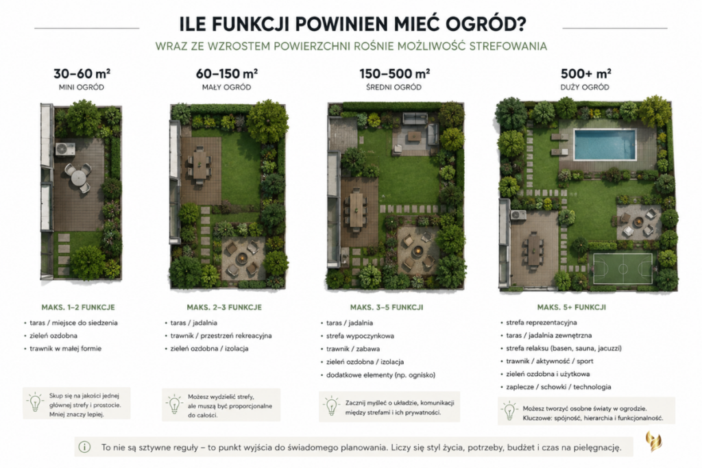 Porównanie czterech ogrodów o różnej powierzchni – od 30–60 m² do ponad 500 m² – pokazujące, jak wraz ze wzrostem metrażu rośnie możliwość wydzielania dodatkowych stref i funkcji.